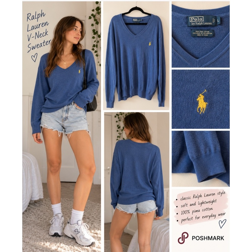 Polo Ralph Lauren Blue Pima Cotton V-Neck Sweater XXL Yellow Pony Logo_H